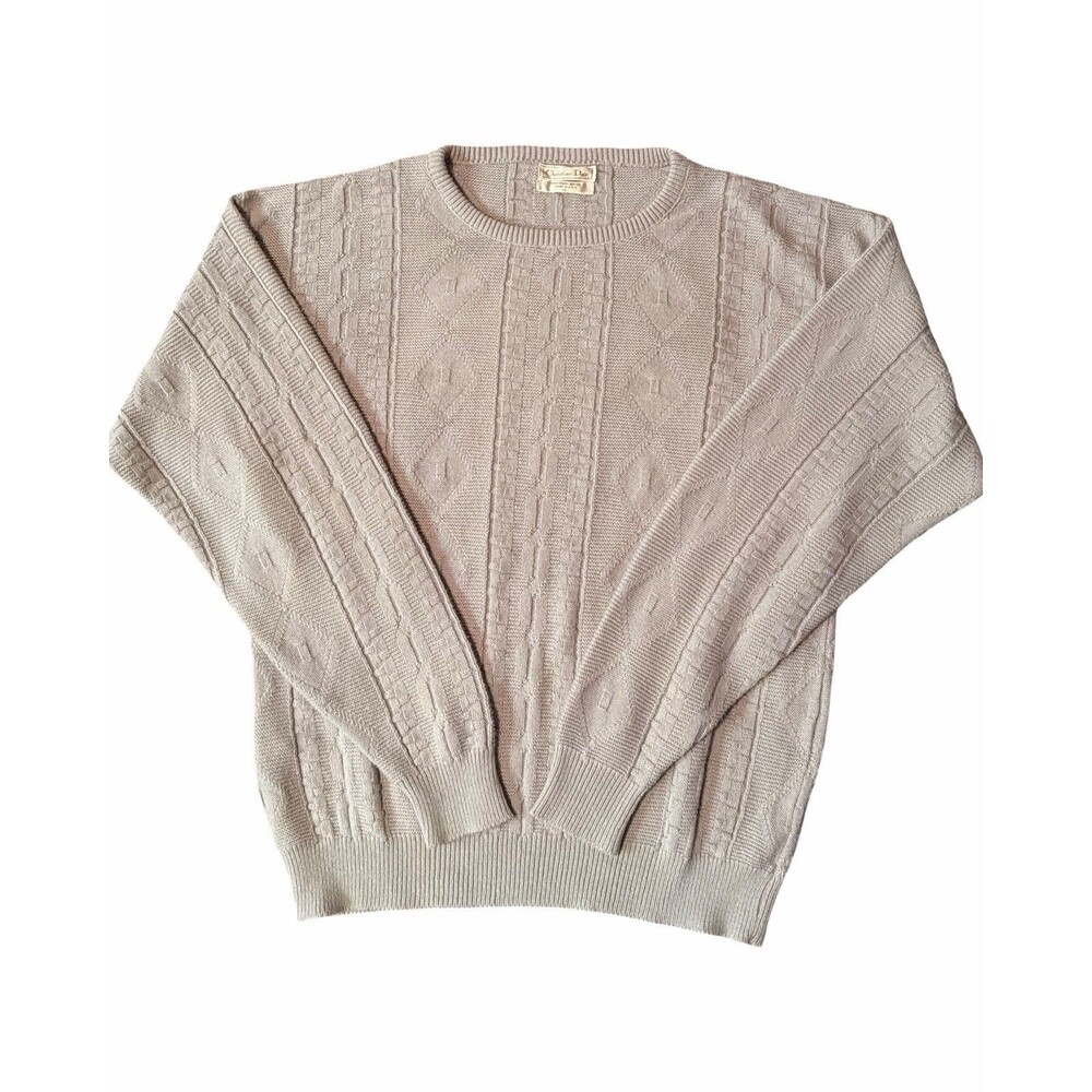 Vintage Christian Dior Sweater Mens L Gray Orlon Acrylic Crewneck Made USA 80s